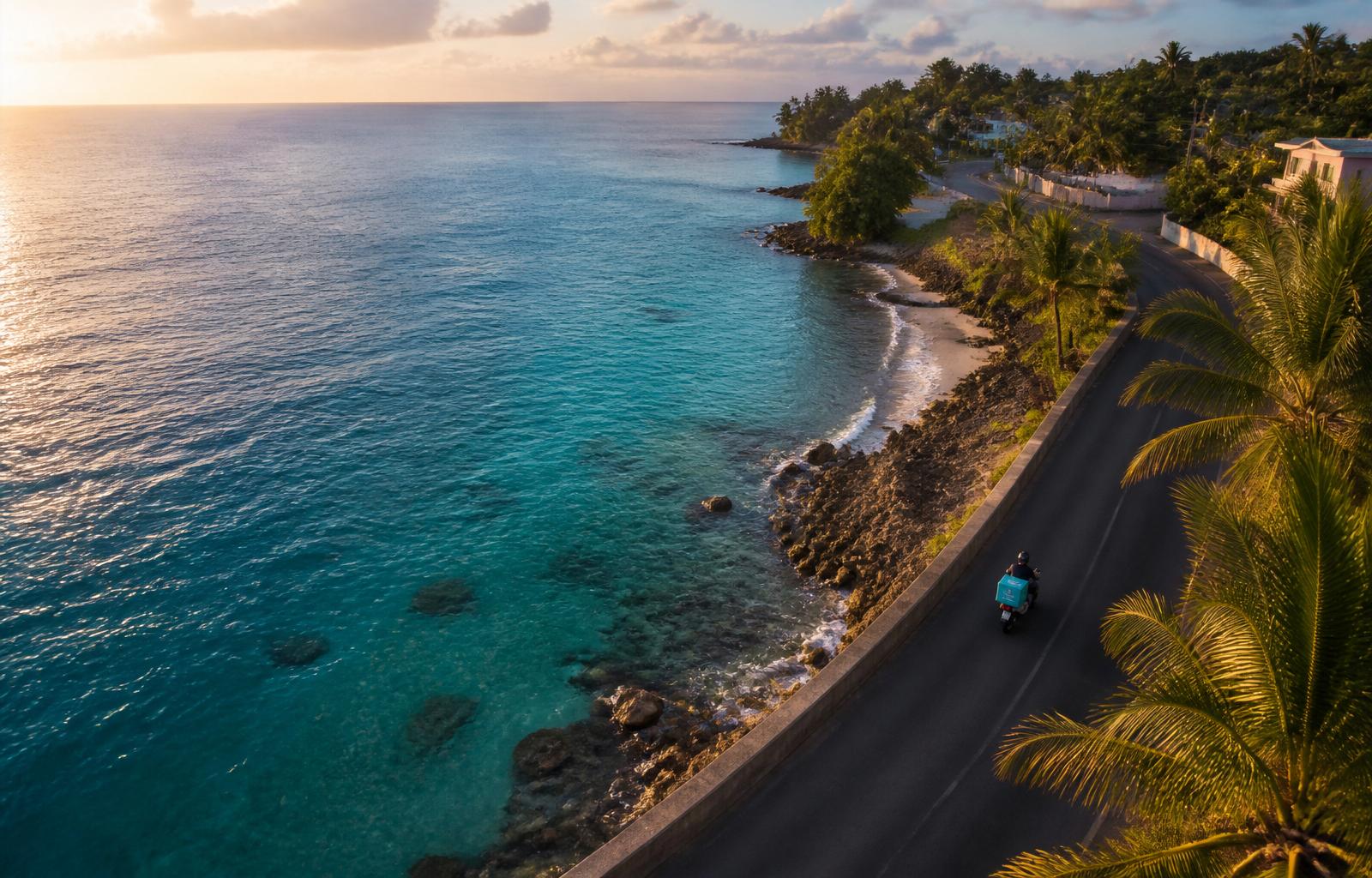 Aerial view of a delivery rider on the Barbados coast